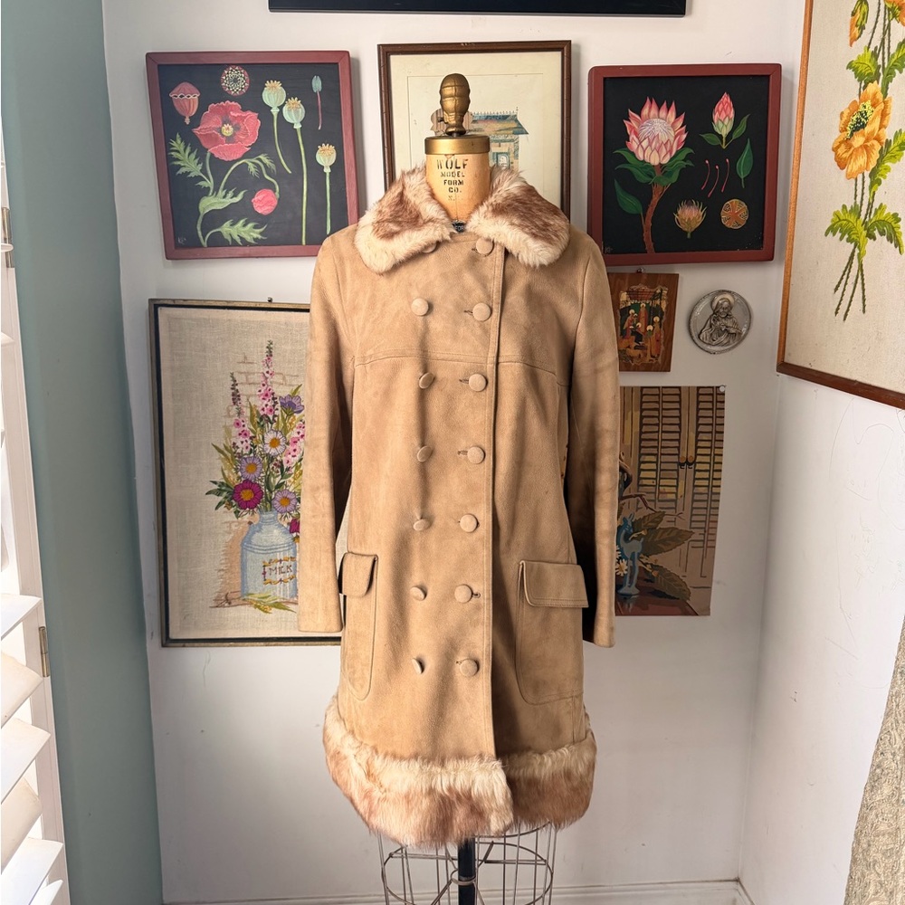 Vintage 1960s Suede Penny Lane Double Breasted Fur-Trimmed Coat